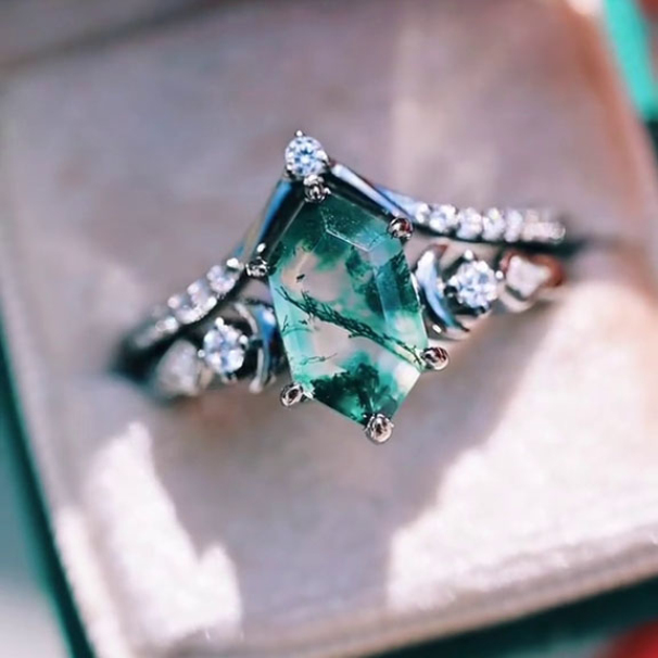Hexagonal Cut Green Moss Agate Nature Inspired Sterling Silver Engagement Ring