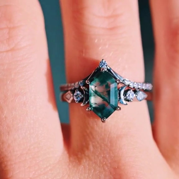 Hexagonal Cut Green Moss Agate Nature Inspired Sterling Silver Engagement Ring