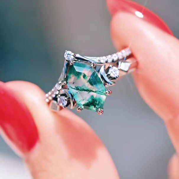 Hexagonal Cut Green Moss Agate Nature Inspired Sterling Silver Engagement Ring
