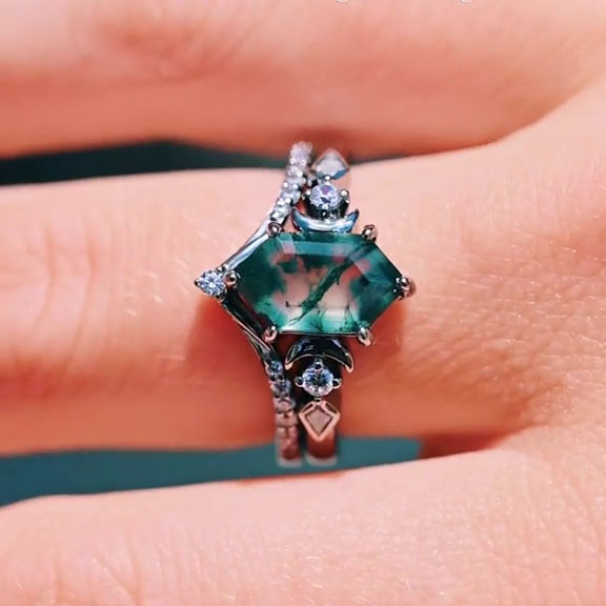 Hexagonal Cut Green Moss Agate Nature Inspired Sterling Silver Engagement Ring