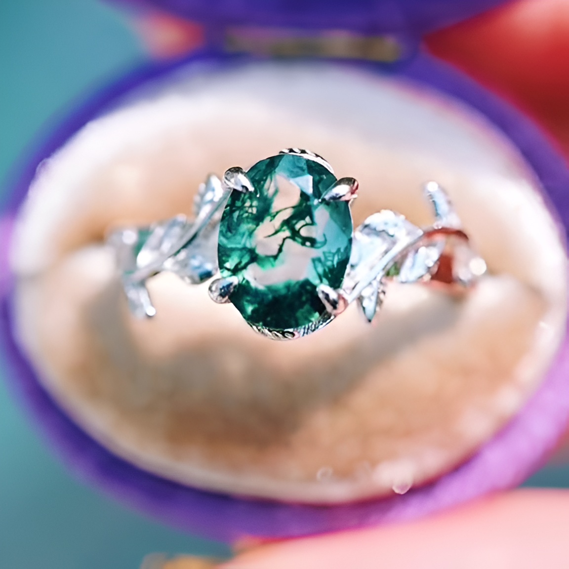 Oval Cut Green Moss Agate Nature Inspired Sterling Silver Engagement Ring