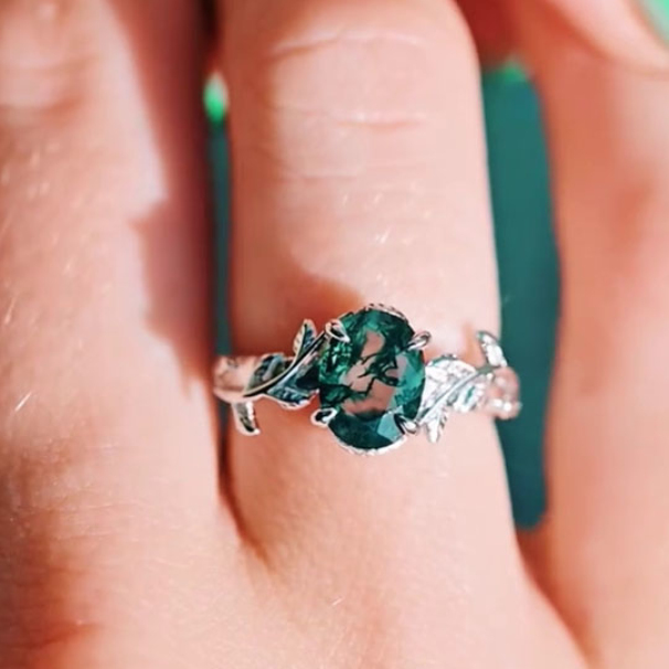Oval Cut Green Moss Agate Nature Inspired Sterling Silver Engagement Ring