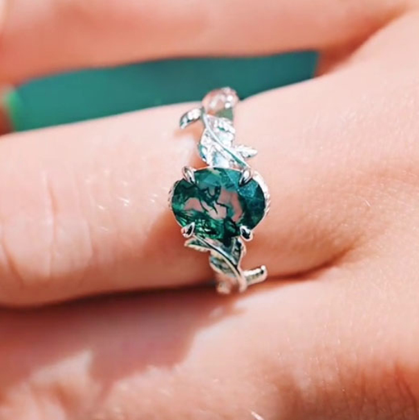 Oval Cut Green Moss Agate Nature Inspired Sterling Silver Engagement Ring
