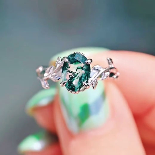 Oval Cut Green Moss Agate Nature Inspired Sterling Silver Engagement Ring