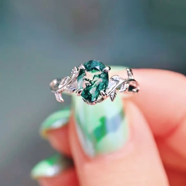 Oval Cut Green Moss Agate Nature Inspired Sterling Silver Engagement Ring