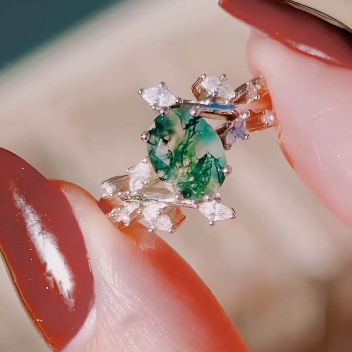 Oval Cut Green Moss Agate Nature Inspired Sterling Silver Engagement Ring