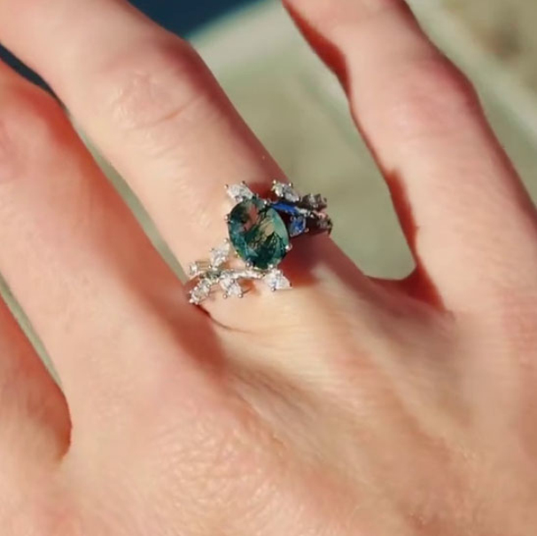 Oval Cut Green Moss Agate Nature Inspired Sterling Silver Engagement Ring