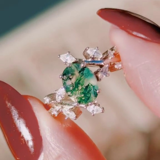 Oval Cut Green Moss Agate Nature Inspired Sterling Silver Engagement Ring