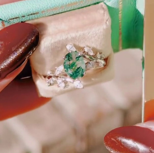 Oval Cut Green Moss Agate Nature Inspired Sterling Silver Engagement Ring