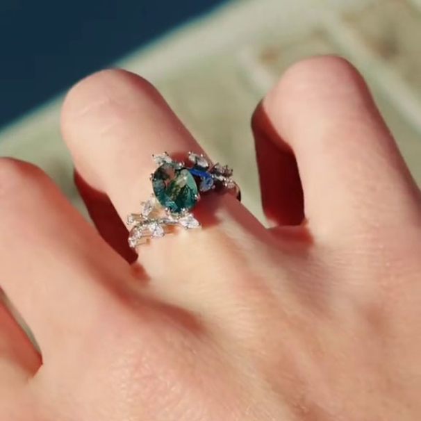 Oval Cut Green Moss Agate Nature Inspired Sterling Silver Engagement Ring