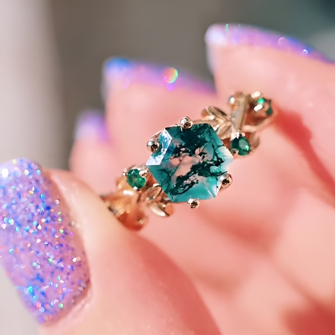 Hexagonal Cut Moss Agate Promise Ring Nature Inspired Sterling Yellow Gold Engagement Ring