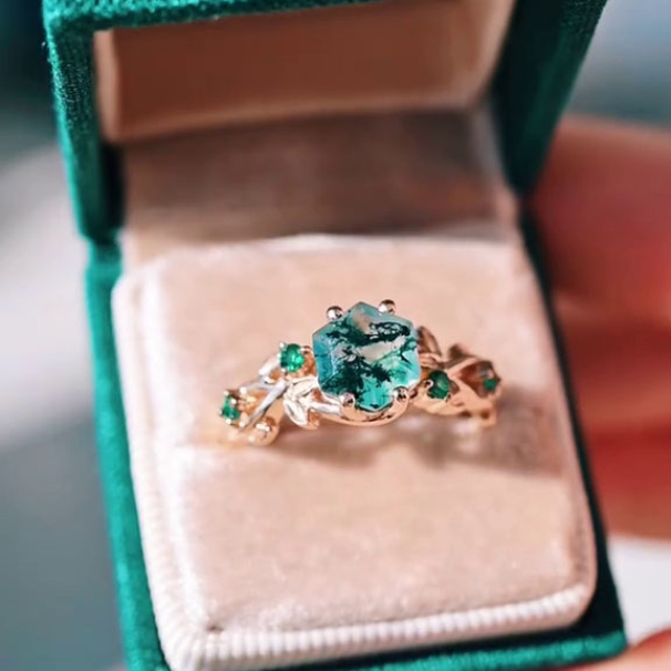 Hexagonal Cut Moss Agate Promise Ring Nature Inspired Sterling Yellow Gold Engagement Ring