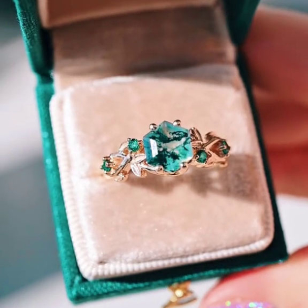 Hexagonal Cut Moss Agate Promise Ring Nature Inspired Sterling Yellow Gold Engagement Ring