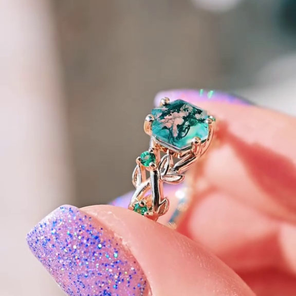 Hexagonal Cut Moss Agate Promise Ring Nature Inspired Sterling Yellow Gold Engagement Ring