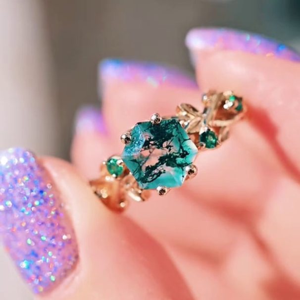Hexagonal Cut Moss Agate Promise Ring Nature Inspired Sterling Yellow Gold Engagement Ring