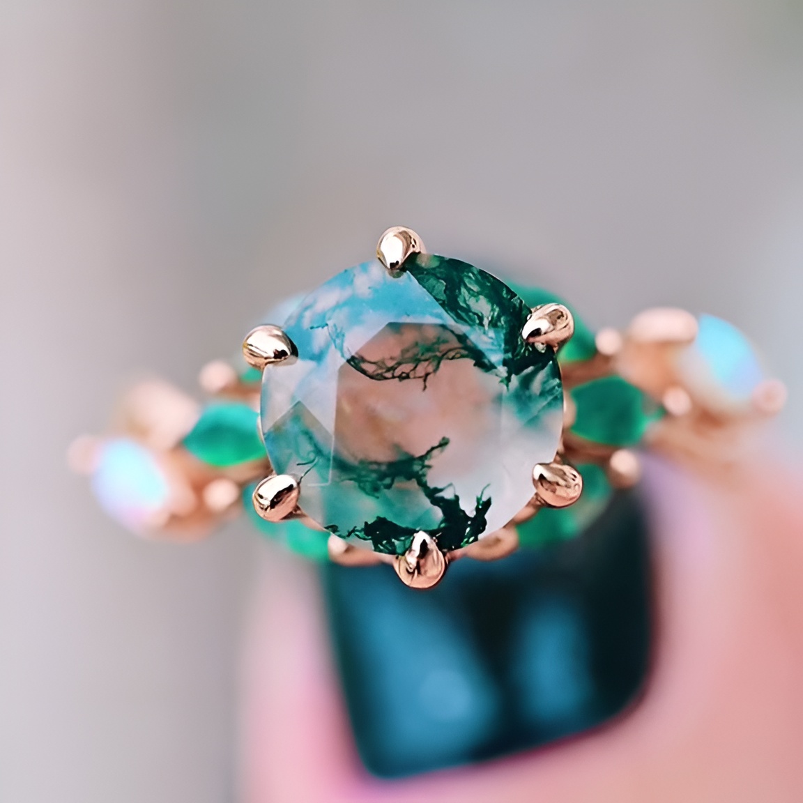 Round Cut Green Moss Agate Nature Inspired Sterling Rose Gold Engagement Ring