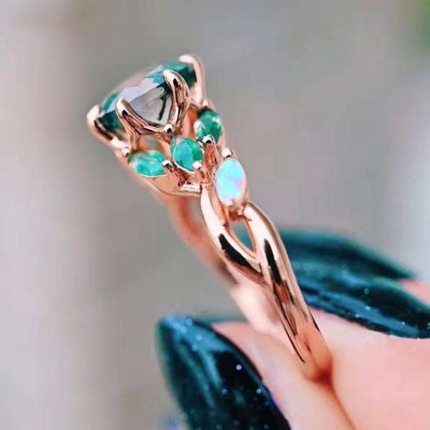 Round Cut Green Moss Agate Nature Inspired Sterling Rose Gold Engagement Ring