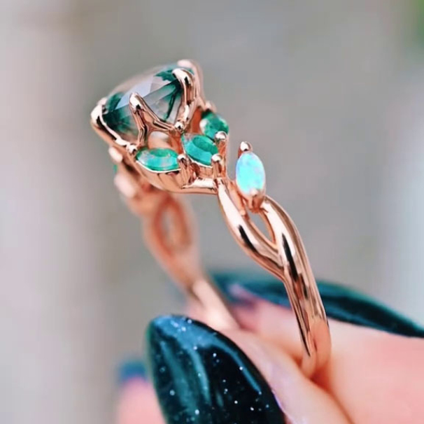 Round Cut Green Moss Agate Nature Inspired Sterling Rose Gold Engagement Ring