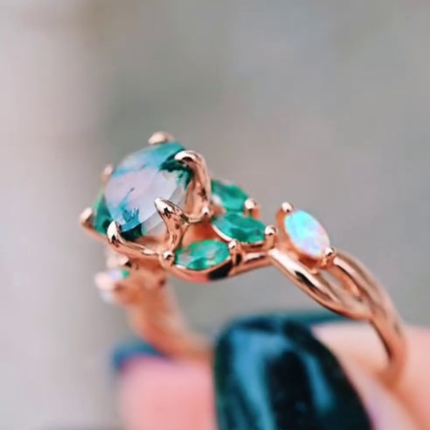Round Cut Green Moss Agate Nature Inspired Sterling Rose Gold Engagement Ring