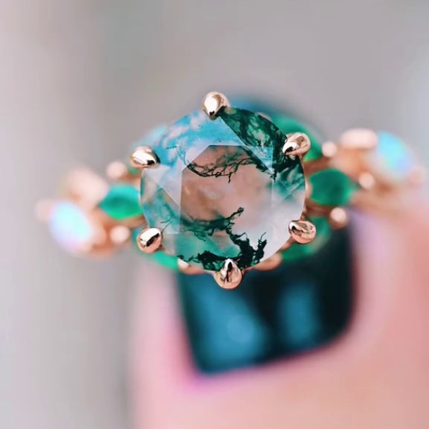 Round Cut Green Moss Agate Nature Inspired Sterling Rose Gold Engagement Ring