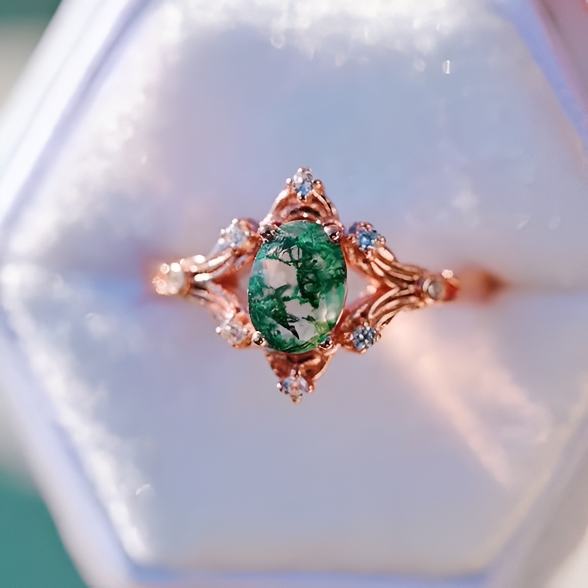 Oval Cut Green Moss Agate Nature Inspired Sterling Rose Gold Engagement Ring