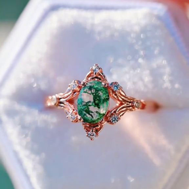 Oval Cut Green Moss Agate Nature Inspired Sterling Rose Gold Engagement Ring