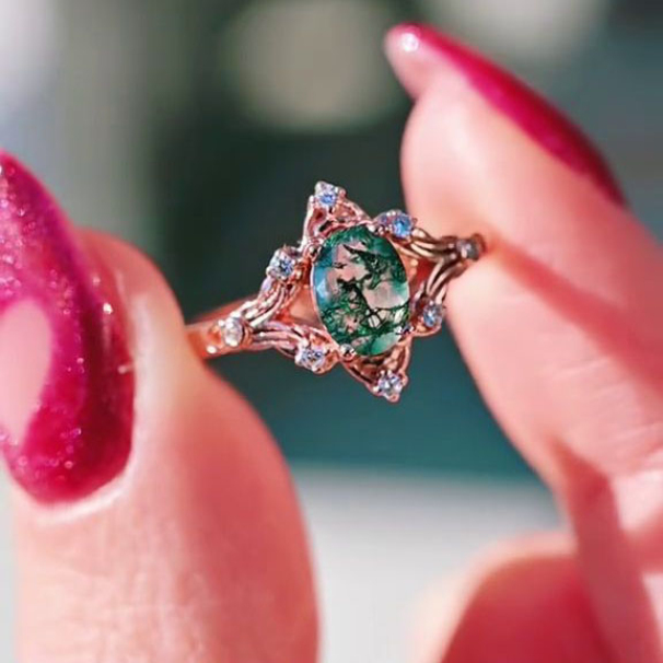 Oval Cut Green Moss Agate Nature Inspired Sterling Rose Gold Engagement Ring