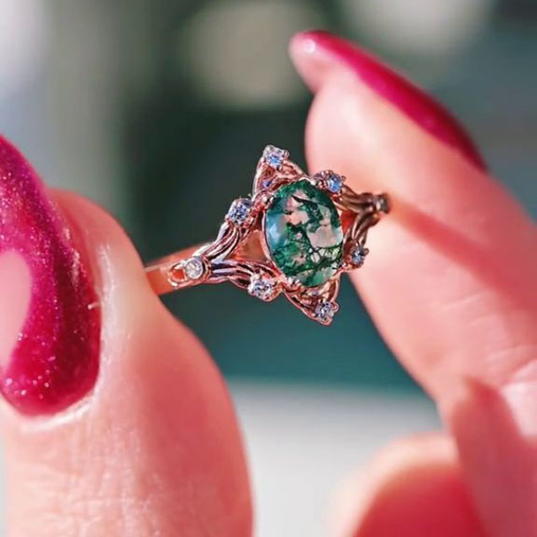Oval Cut Green Moss Agate Nature Inspired Sterling Rose Gold Engagement Ring