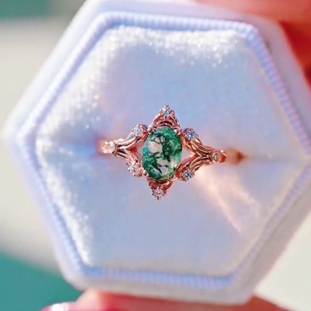 Oval Cut Green Moss Agate Nature Inspired Sterling Rose Gold Engagement Ring