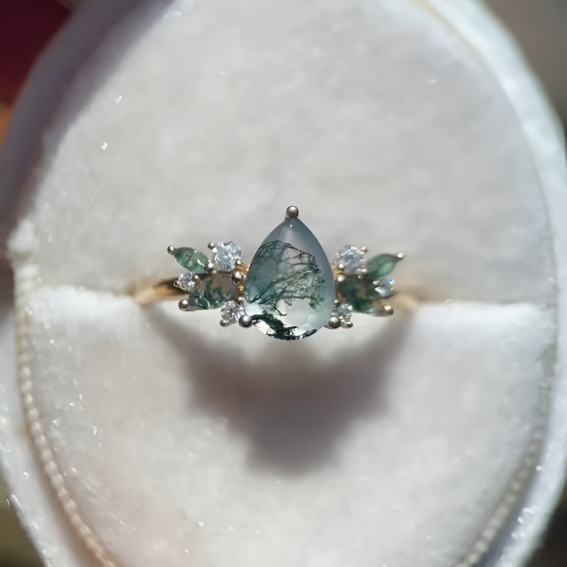 Pear Cut Green Moss Agate Nature Inspired Sterling Yellow Gold Engagement Ring