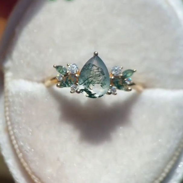 Pear Cut Green Moss Agate Nature Inspired Sterling Yellow Gold Engagement Ring
