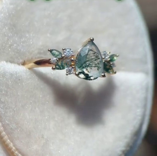 Pear Cut Green Moss Agate Nature Inspired Sterling Yellow Gold Engagement Ring
