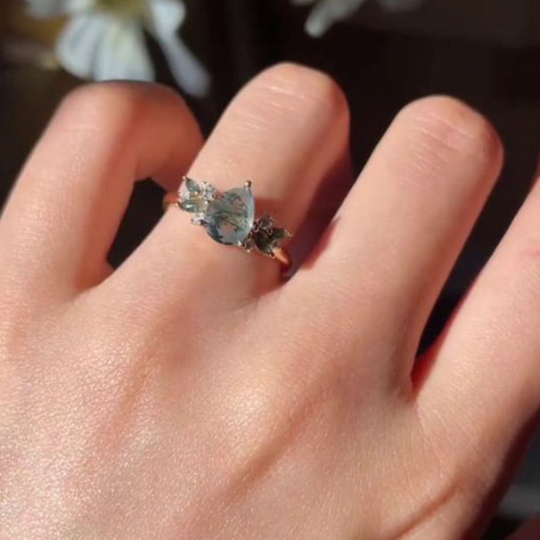 Pear Cut Green Moss Agate Nature Inspired Sterling Yellow Gold Engagement Ring