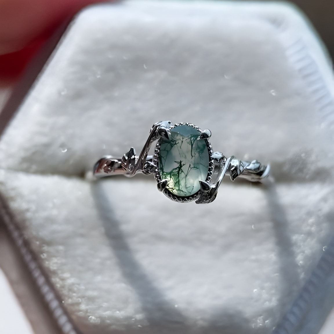 Oval Cut Green Moss Agate Nature Inspired Sterling Silver Engagement Ring