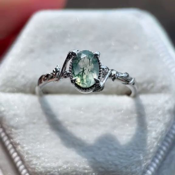 Oval Cut Green Moss Agate Nature Inspired Sterling Silver Engagement Ring