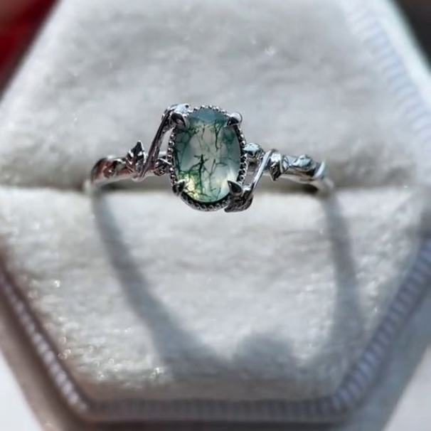 Oval Cut Green Moss Agate Nature Inspired Sterling Silver Engagement Ring