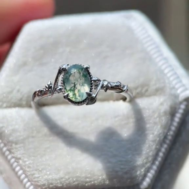 Oval Cut Green Moss Agate Nature Inspired Sterling Silver Engagement Ring