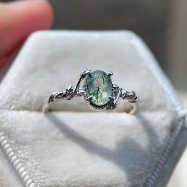 Oval Cut Green Moss Agate Nature Inspired Sterling Silver Engagement Ring