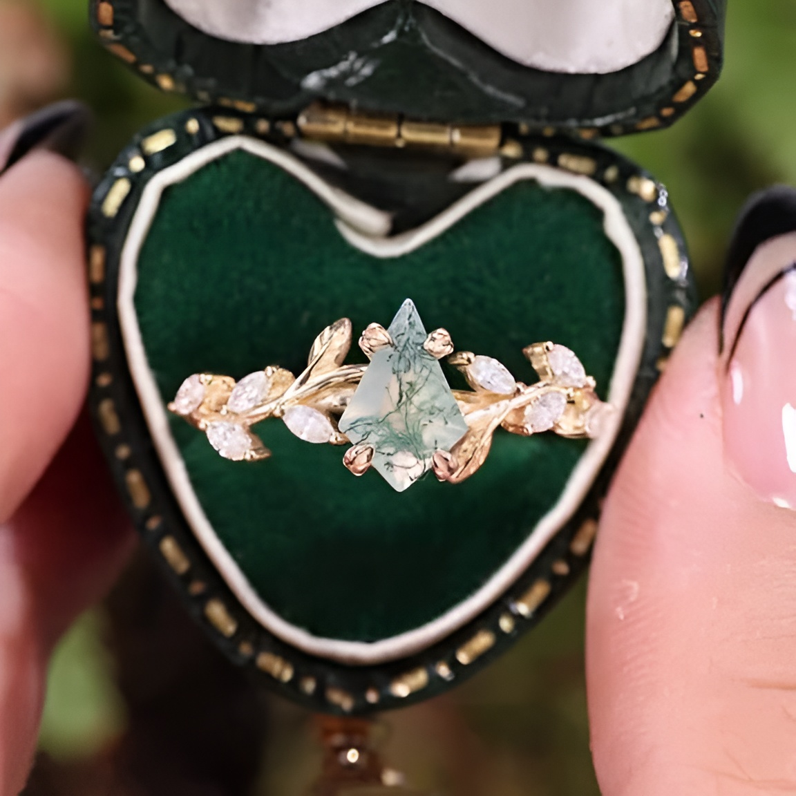 Kite Cut Green Moss Agate Nature Inspired Sterling Yellow Gold Engagement Ring