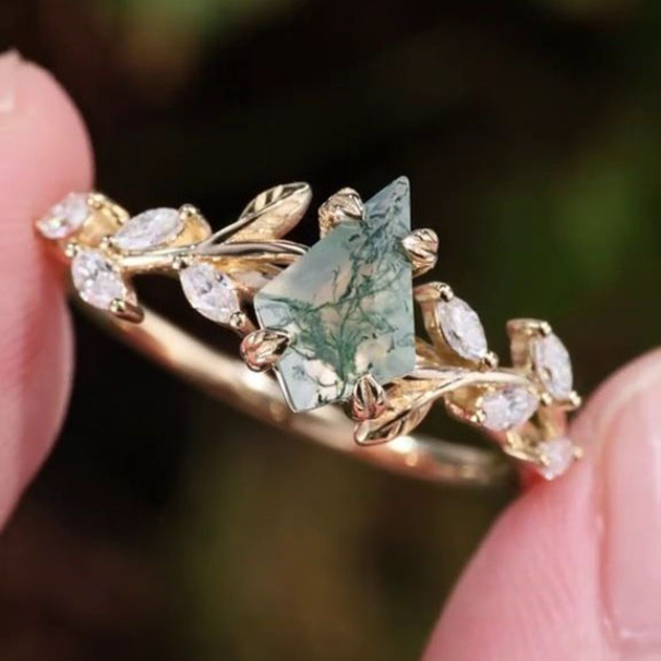 Kite Cut Green Moss Agate Nature Inspired Sterling Yellow Gold Engagement Ring