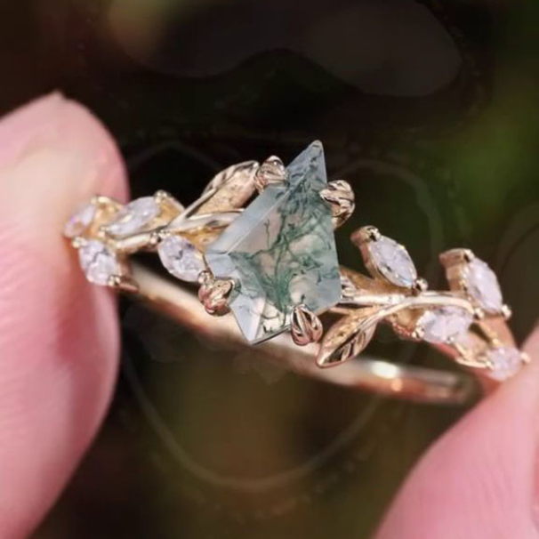 Kite Cut Green Moss Agate Nature Inspired Sterling Yellow Gold Engagement Ring