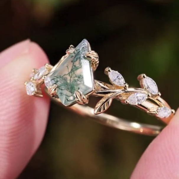 Kite Cut Green Moss Agate Nature Inspired Sterling Yellow Gold Engagement Ring
