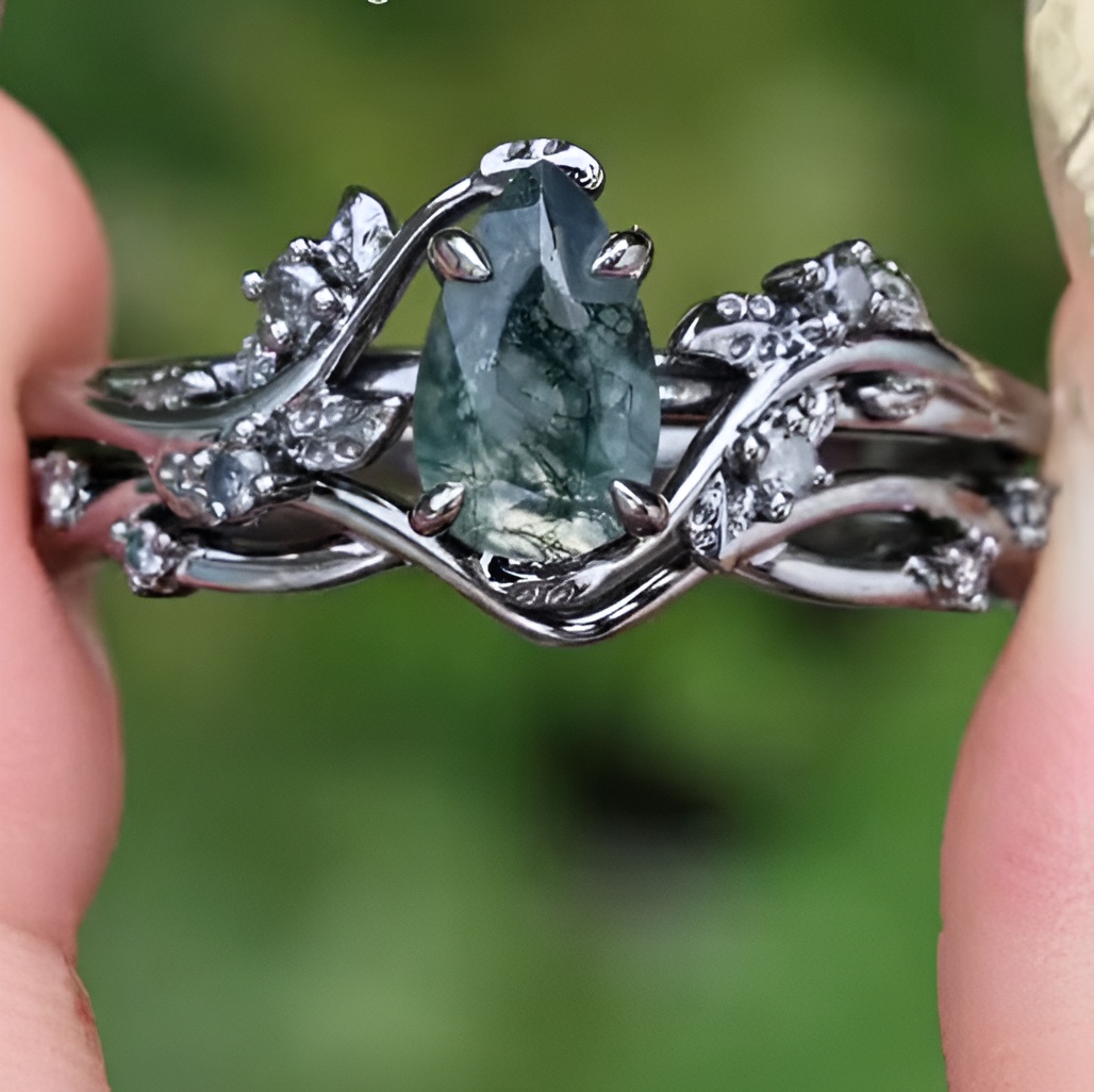 Pear Cut Green Moss Agate Nature Inspired Black Sterling Silver Engagement Ring
