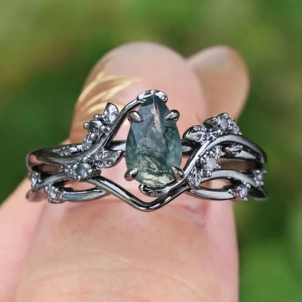 Pear Cut Green Moss Agate Nature Inspired Black Sterling Silver Engagement Ring