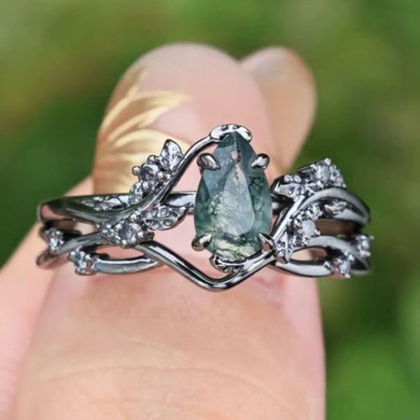 Pear Cut Green Moss Agate Nature Inspired Black Sterling Silver Engagement Ring