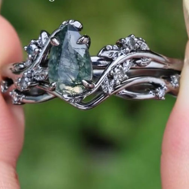 Pear Cut Green Moss Agate Nature Inspired Black Sterling Silver Engagement Ring