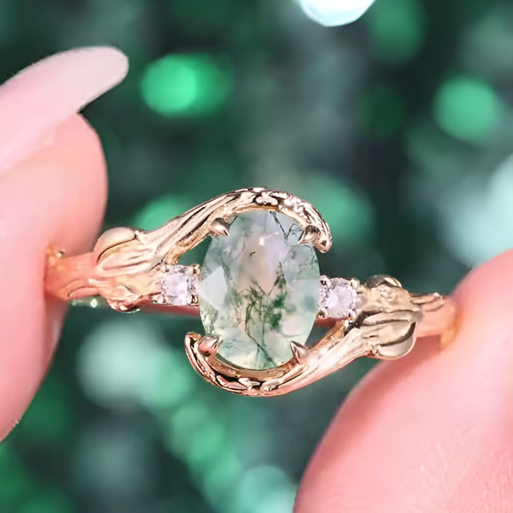 Oval Cut Green Moss Agate Nature Inspired Sterling Yellow Gold Engagement Ring