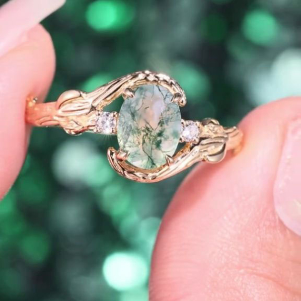 Oval Cut Green Moss Agate Nature Inspired Sterling Yellow Gold Engagement Ring