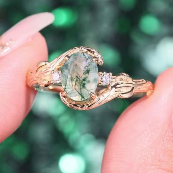 Oval Cut Green Moss Agate Nature Inspired Sterling Yellow Gold Engagement Ring