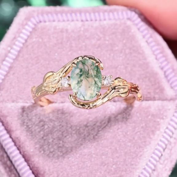 Oval Cut Green Moss Agate Nature Inspired Sterling Yellow Gold Engagement Ring